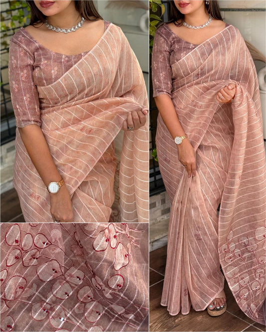 Digital Print & Hand Mirror Work Pallu  Tissue Silk Saree with Blouse