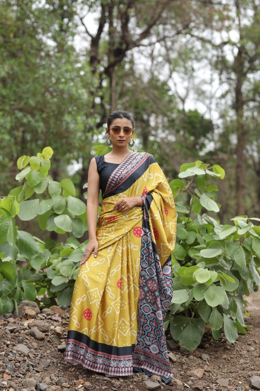 Ajrakh Digital Print Saree in Original Japan Satin with Blouse