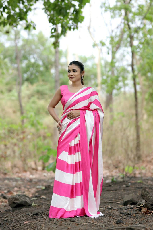 Pink White Striped Japan Satin Saree with Digital Print Blouse