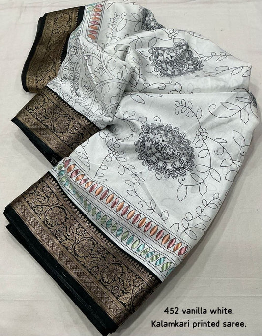 Zari Pattu Border White Kalamkari  Printed Cotton Crepe Saree with Blouse