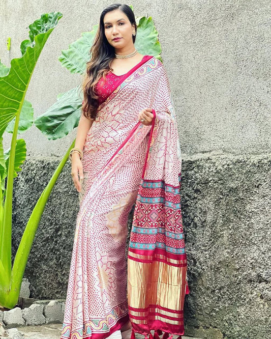 Pure Gajji Silk Lagdi Patta Bandhani Saree