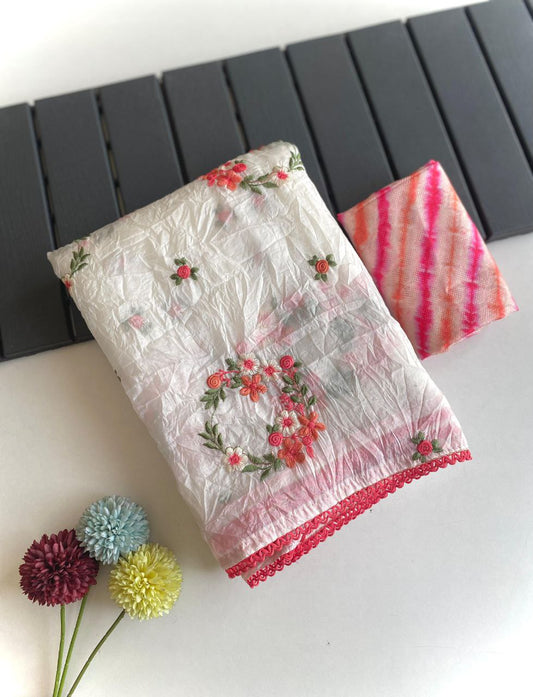 Elegant Paper Crush Saree with Embroidered Neclave Design & Contrast Blouse