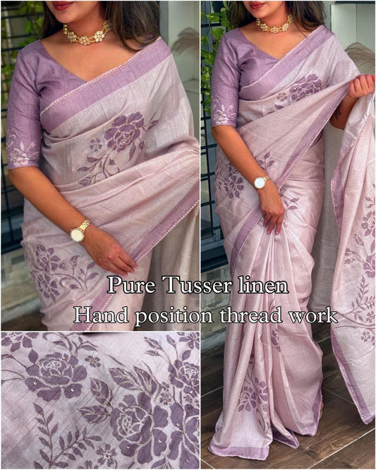 Elegant Linen Cotton Kantha Work Saree With Blouse