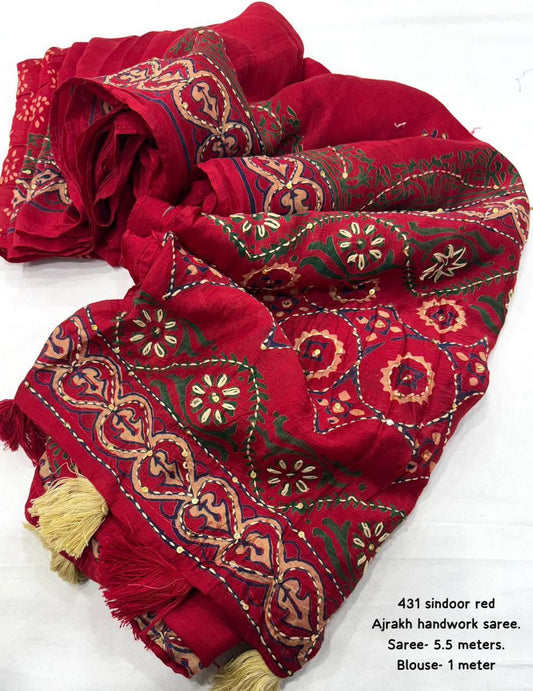 Premium Sindoor Red Ajrakh Handwork Pure Chanderi Cotton Saree  With Blouse