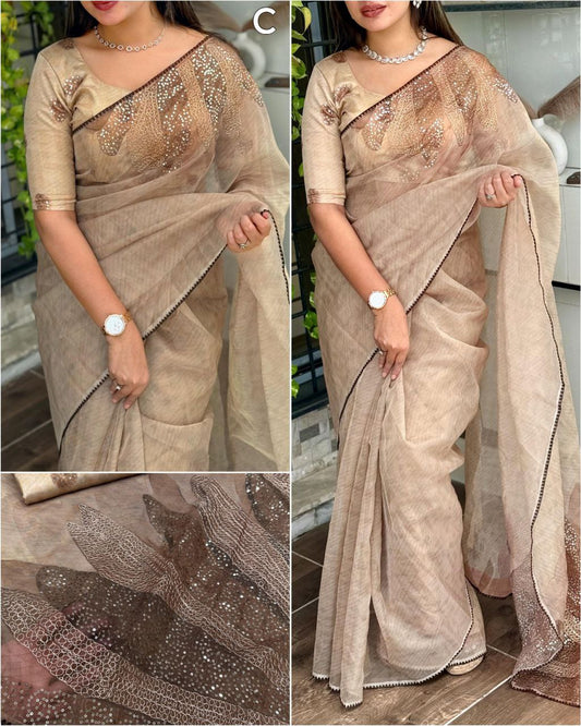 Elegant Pitta & Sequin Work Digital Printed Pure Tissue Organza Saree with Muslin Cotton Blouse