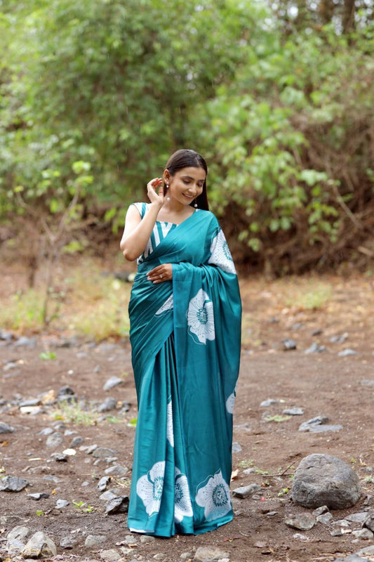 Elegant Digital Print Japan Satin Saree with Blouse