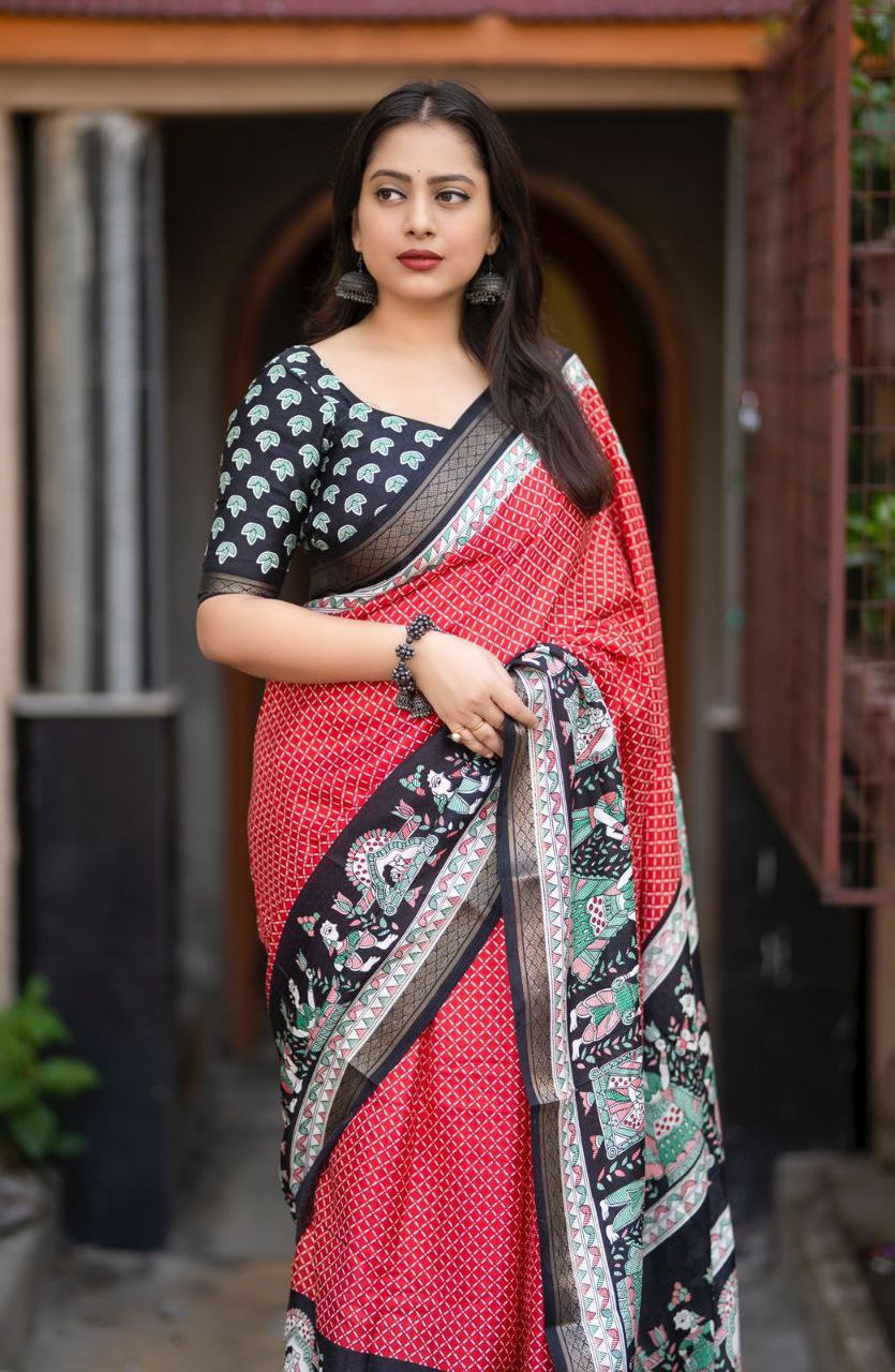 Soft Pashmina Cotton Crape Saree with Zari Border & Printed Blouse