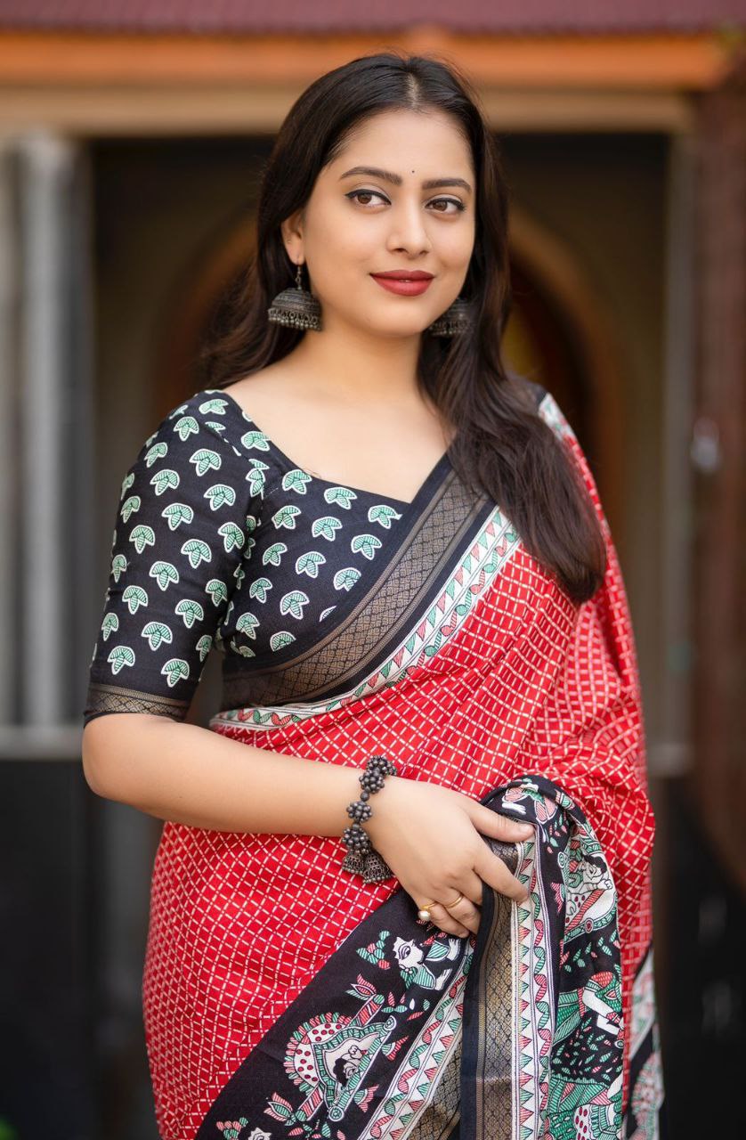 Soft Pashmina Cotton Crape Saree with Zari Border & Printed Blouse