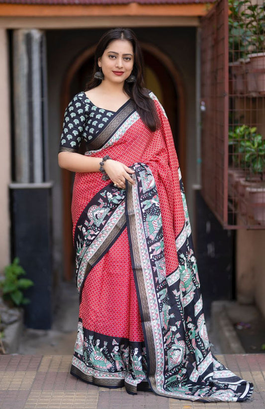 Soft Pashmina Cotton Crape Saree with Zari Border & Printed Blouse