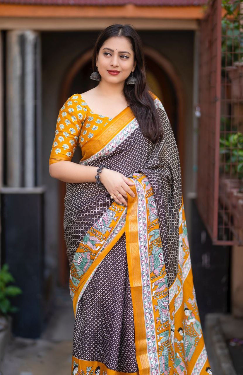 Soft Pashmina Cotton Crape Saree with Zari Border & Printed Blouse