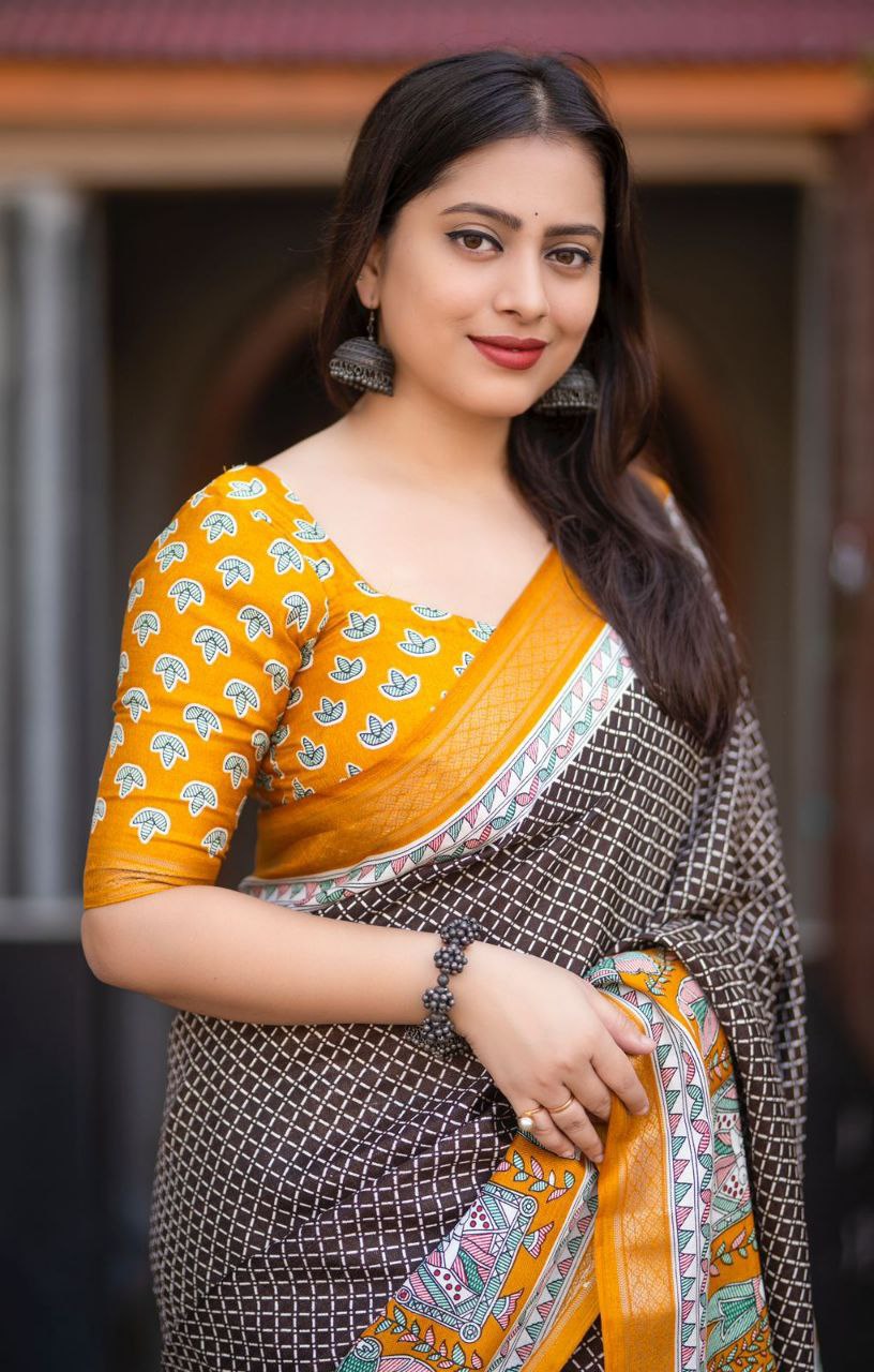 Soft Pashmina Cotton Crape Saree with Zari Border & Printed Blouse