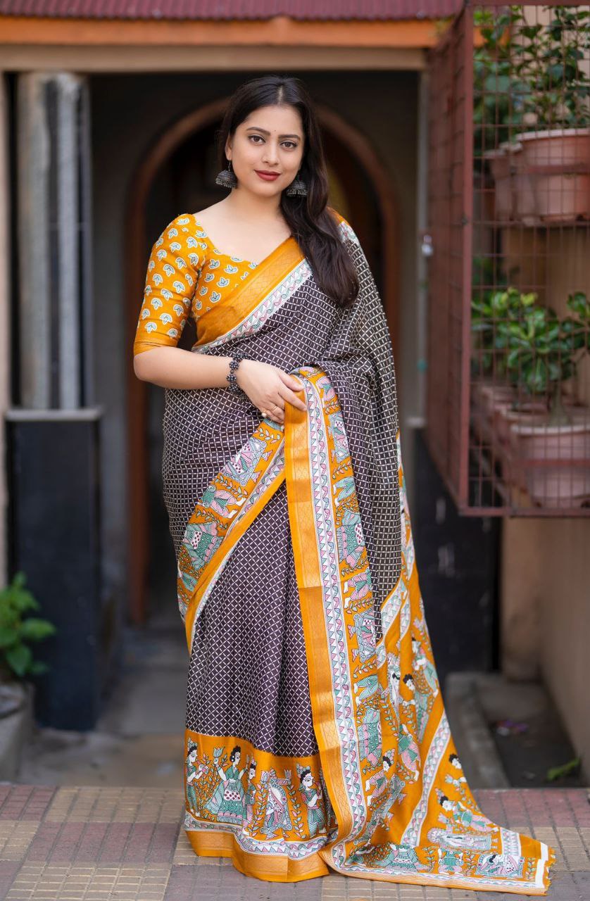 Soft Pashmina Cotton Crape Saree with Zari Border & Printed Blouse