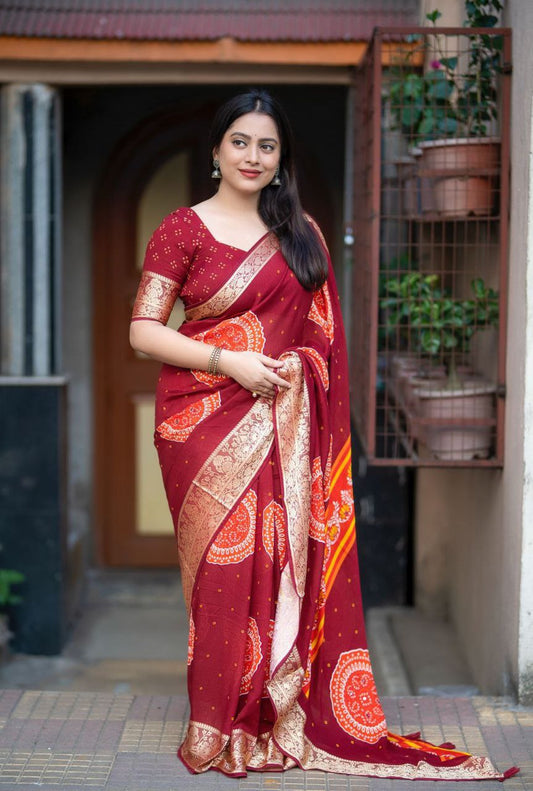 Zari Border & Aari Mirror Work Bandhani Printed Soft Cotton Crape Saree with Blouse