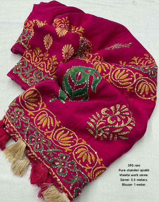 Ajrakh Handwork  Kantha & Sequin Detailing Rani Pink Pure Chanderi Cotton Saree with Blouse
