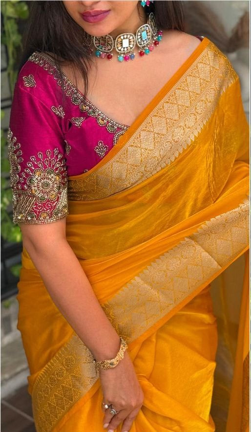 Zari Jacquard Weaving Fandy Satin Saree With Designer Handwork Blouse