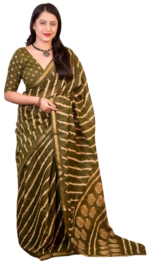 Elegant Cotton Leheriya Saree with Zari Pattu & Printed Blouse