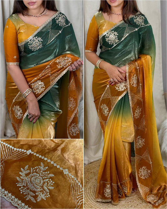 Elegant  Swarovski & Zari Embroidery Work 3D Pedding Pattern Fandy Satin Saree with Blouse