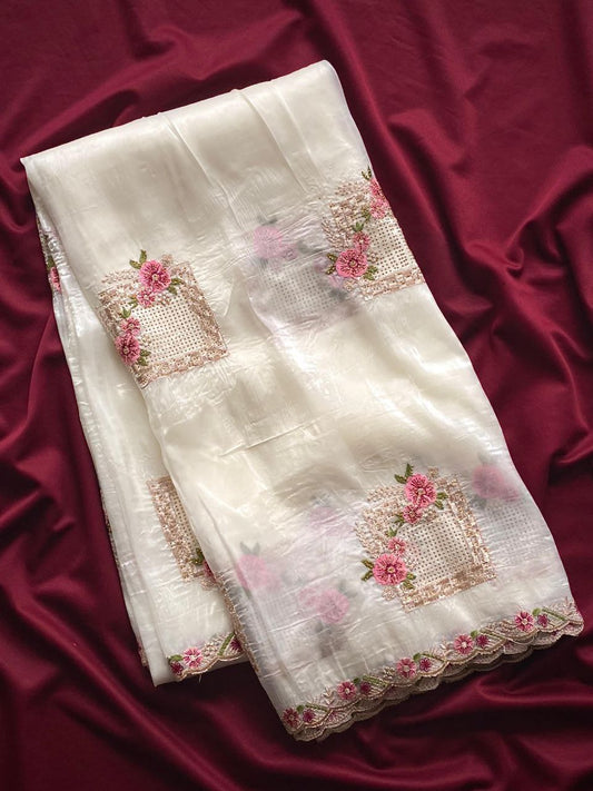Floral  Embroidery & Swarovski Work Pure Paper Silk Crush Saree with Blouse