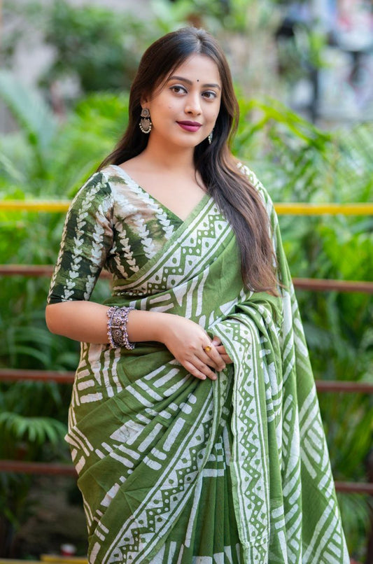 Pure Hand Block Printed Chanderi Batik Saree with Designer Blouse –