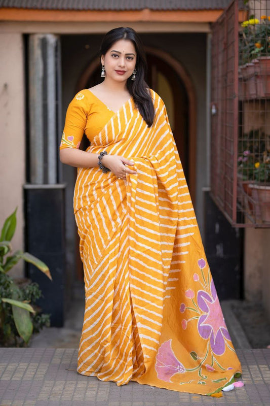 Hand Painted Pallu Leheriya Chanderi Cotton Saree with Blouse