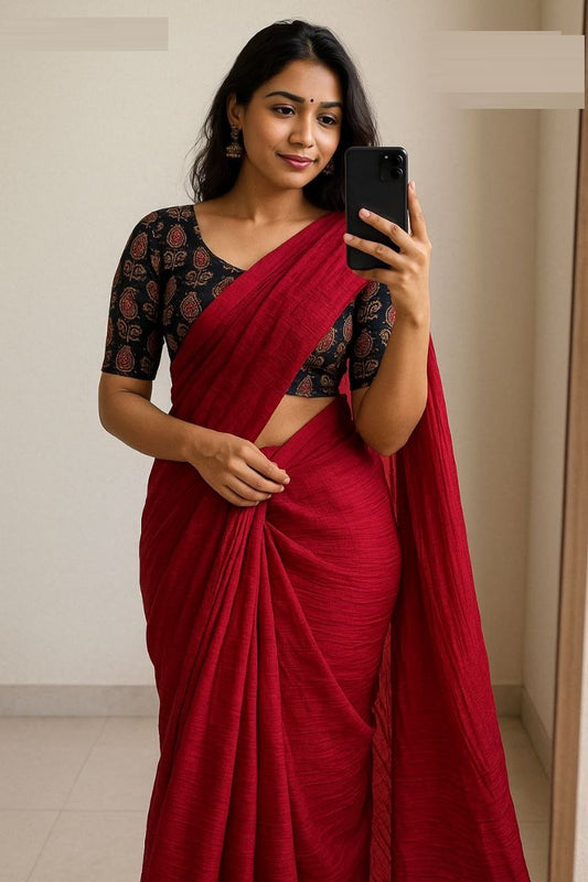 Cherry Red & Z-Black Soft Crush Chiffon Saree with Fancy Linen Printed Blouse