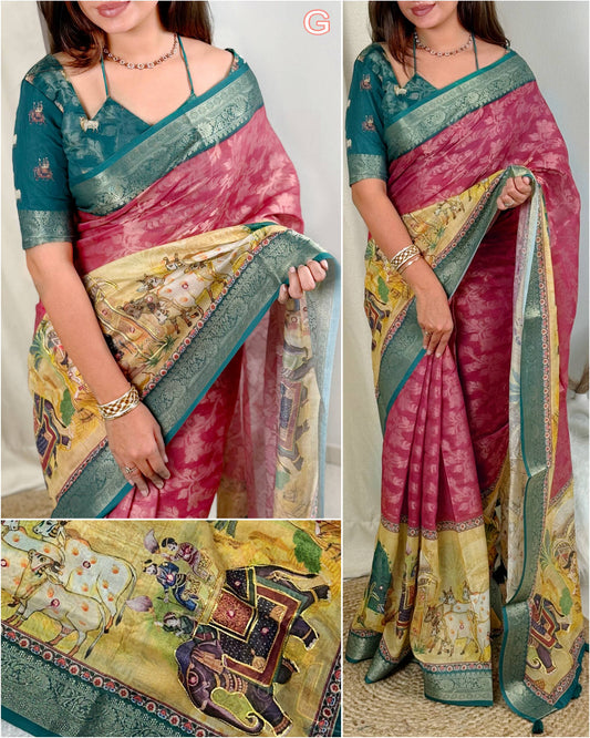 Exclusive Pichwai Hand Katha & Mirror Work Jacquard Border  Printed Pure Cotton Saree with Blouse