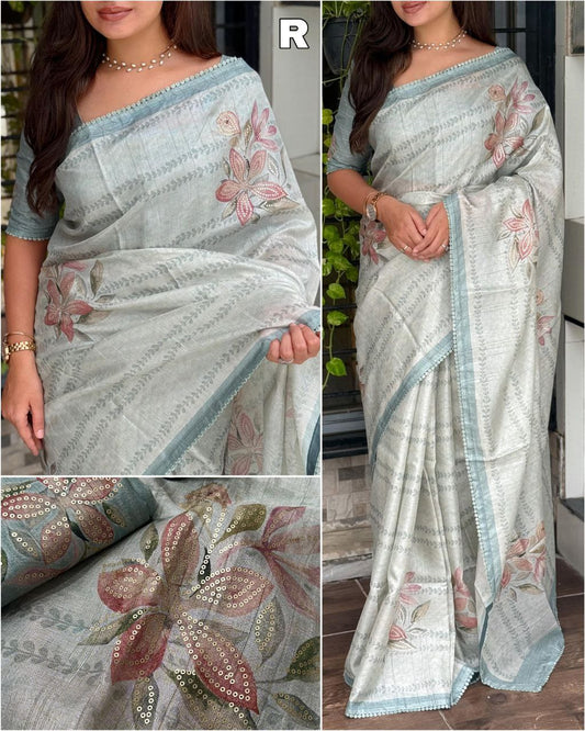 Digital Print & Sequins Work Pure Tussar Linen Saree with Blouse