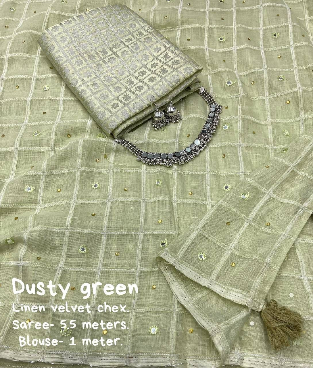 Aari Mirror & Diamond Work Linen Velvet Chex Saree With Blouse | Free Choker Set & Earrings