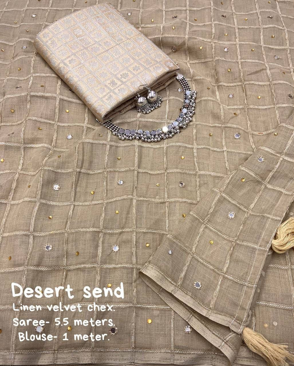 Aari Mirror & Diamond Work Linen Velvet Chex Saree With Blouse | Free Choker Set & Earrings