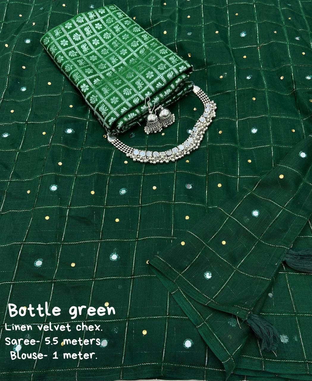 Aari Mirror & Diamond Work Linen Velvet Chex Saree With Blouse | Free Choker Set & Earrings