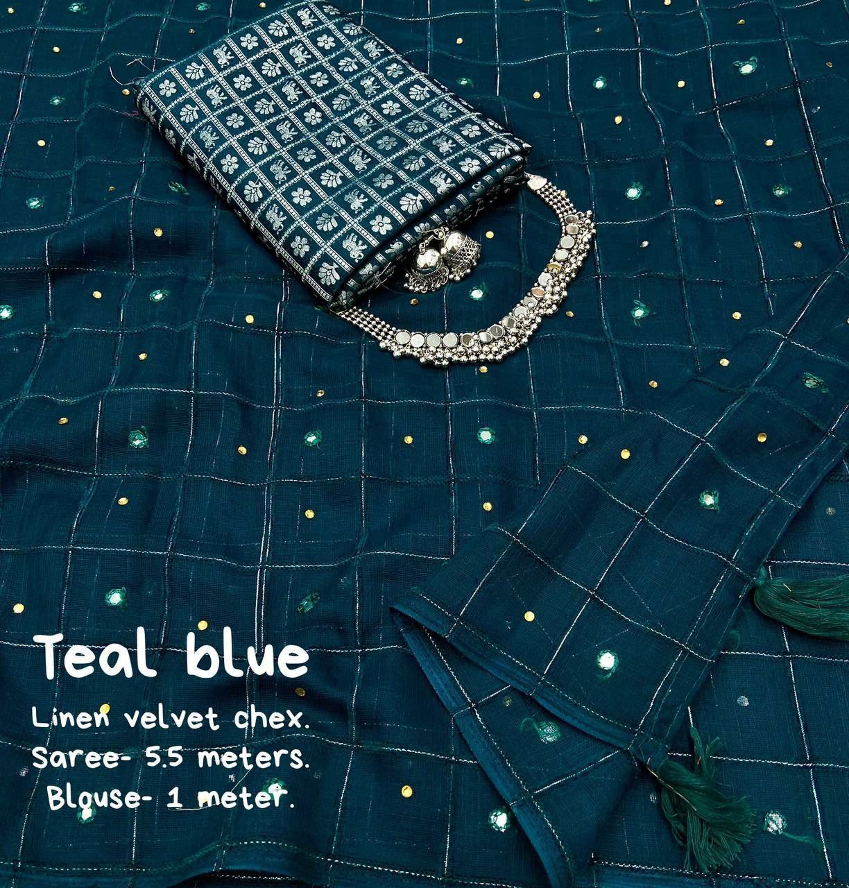 Aari Mirror & Diamond Work Linen Velvet Chex Saree With Blouse | Free Choker Set & Earrings