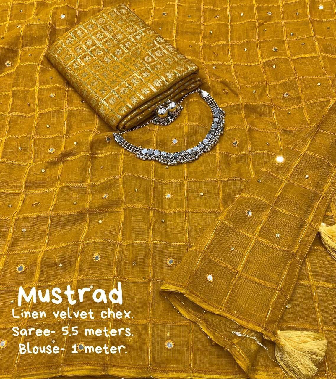 Aari Mirror & Diamond Work Linen Velvet Chex Saree With Blouse | Free Choker Set & Earrings