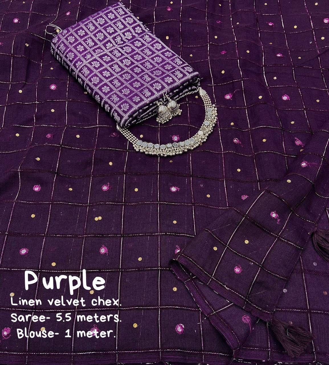 Aari Mirror & Diamond Work Linen Velvet Chex Saree With Blouse | Free Choker Set & Earrings