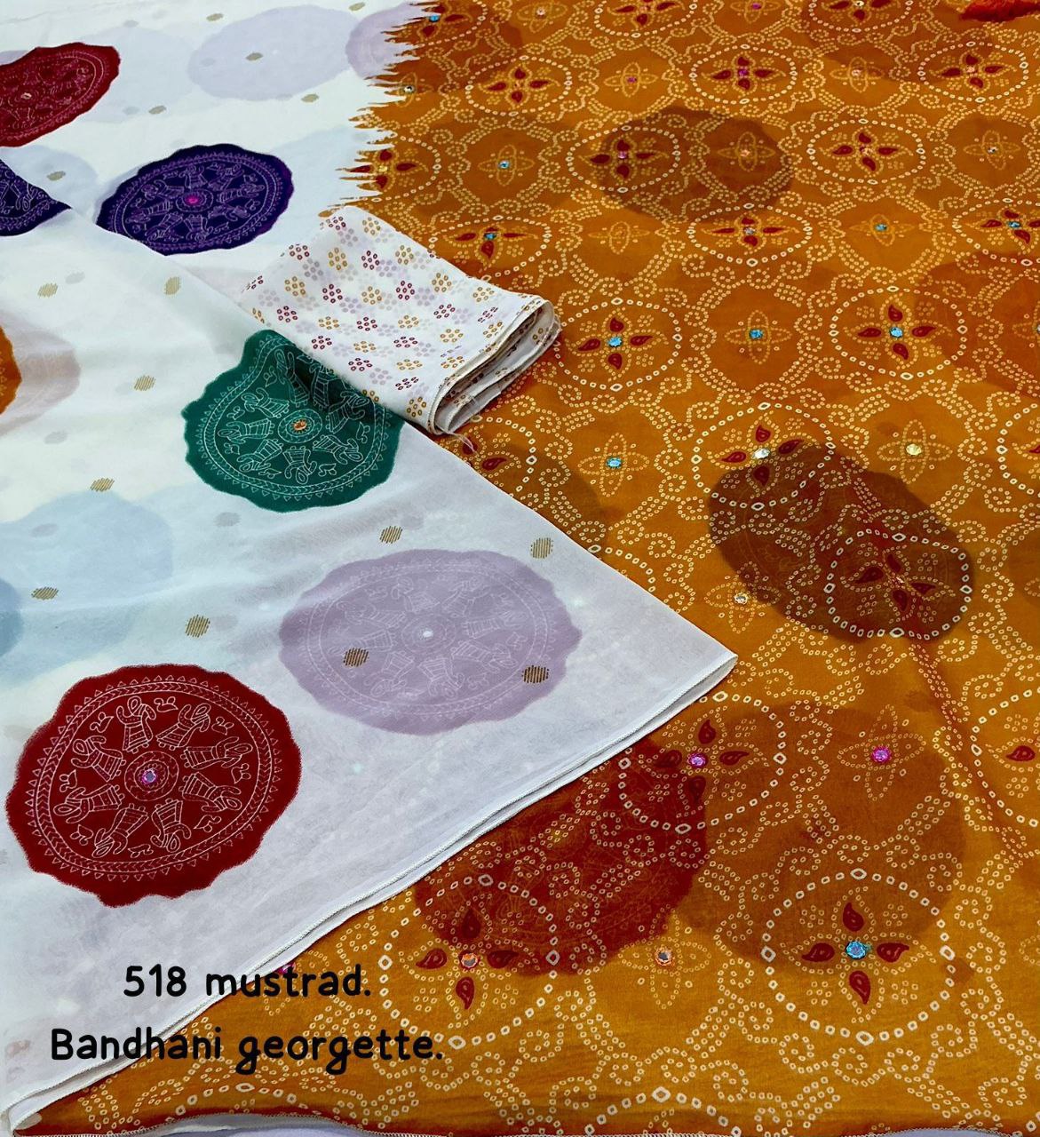 Women's Beautiful Aari Mirror Work Polka Bandhani Printed Georgette Saree With Blouse