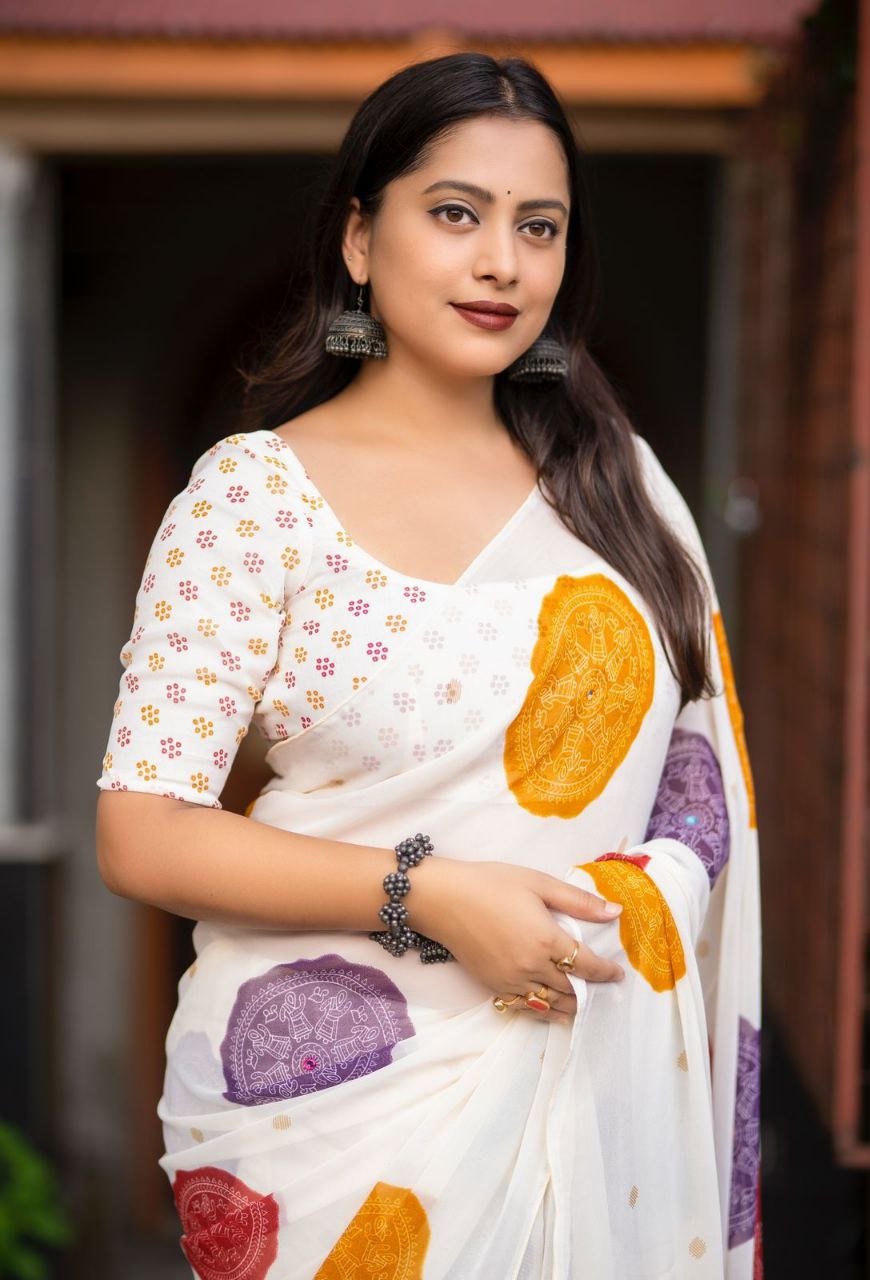 Women's Beautiful Aari Mirror Work Polka Bandhani Printed Georgette Saree With Blouse