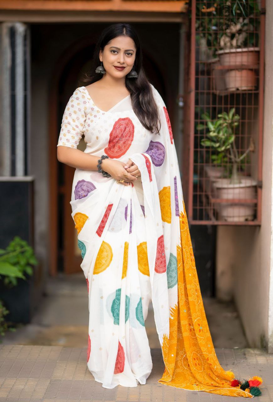 Women's Beautiful Aari Mirror Work Polka Bandhani Printed Georgette Saree With Blouse