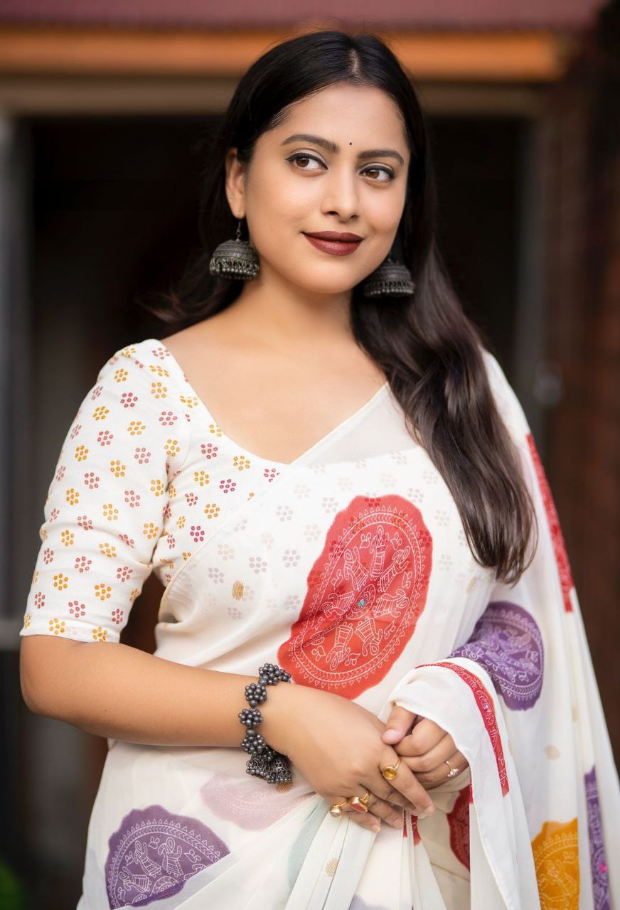 Women's Beautiful Aari Mirror Work Polka Bandhani Printed Georgette Saree With Blouse