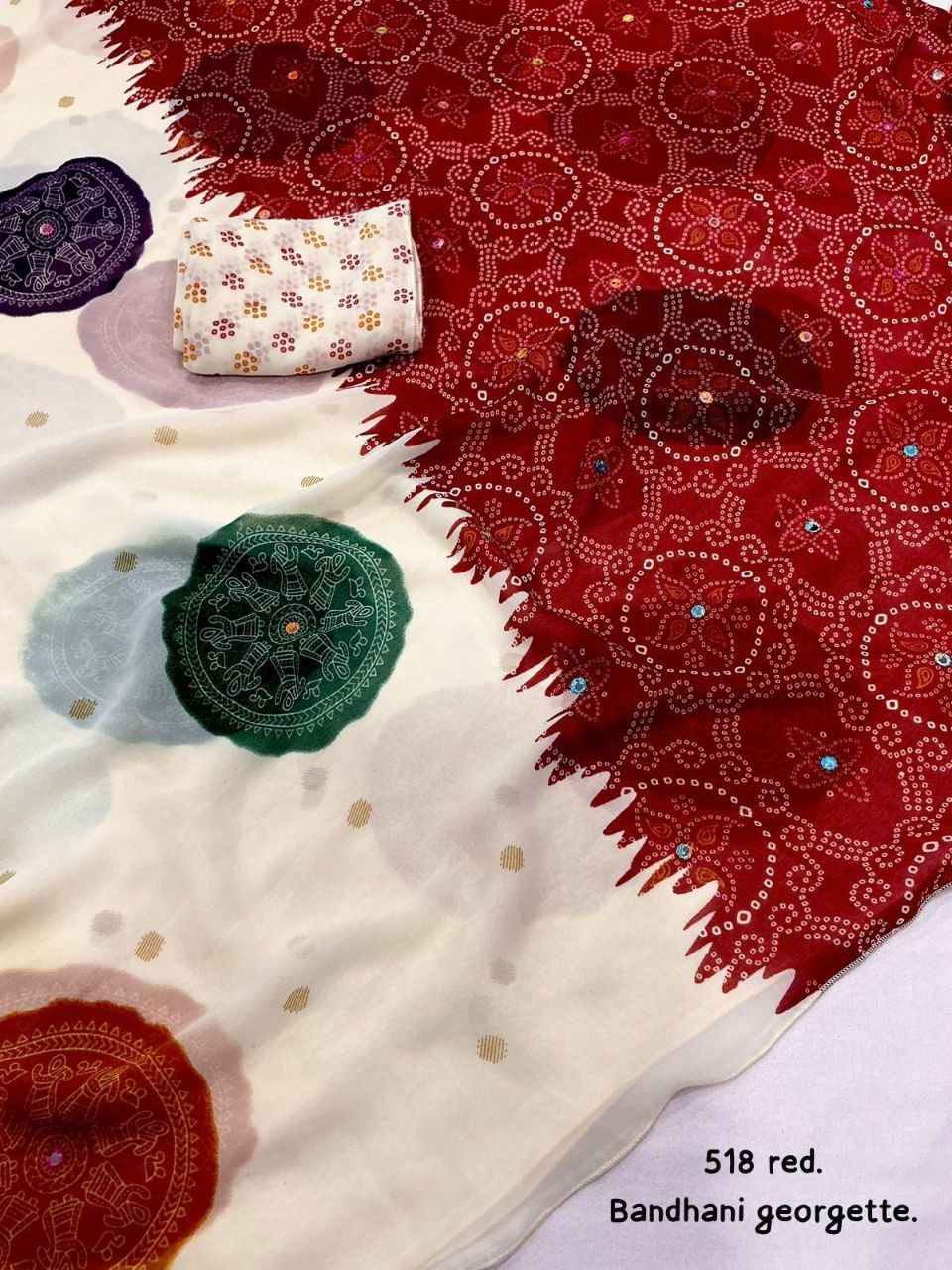 Women's Beautiful Aari Mirror Work Polka Bandhani Printed Georgette Saree With Blouse