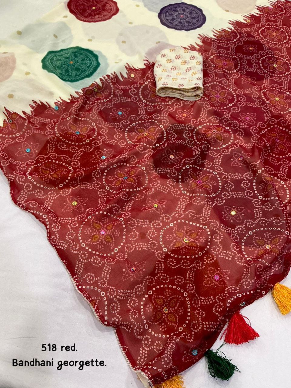 Women's Beautiful Aari Mirror Work Polka Bandhani Printed Georgette Saree With Blouse