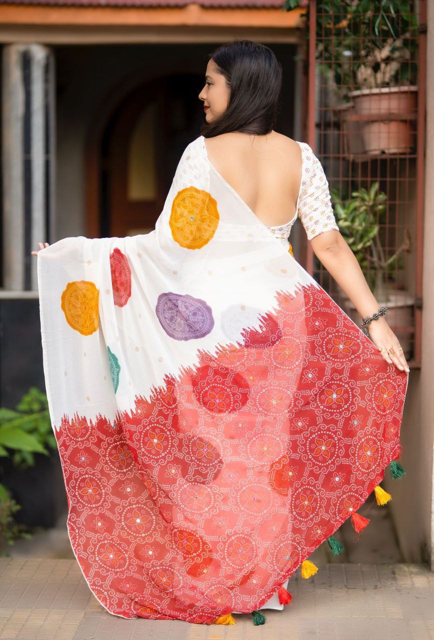 Women's Beautiful Aari Mirror Work Polka Bandhani Printed Georgette Saree With Blouse