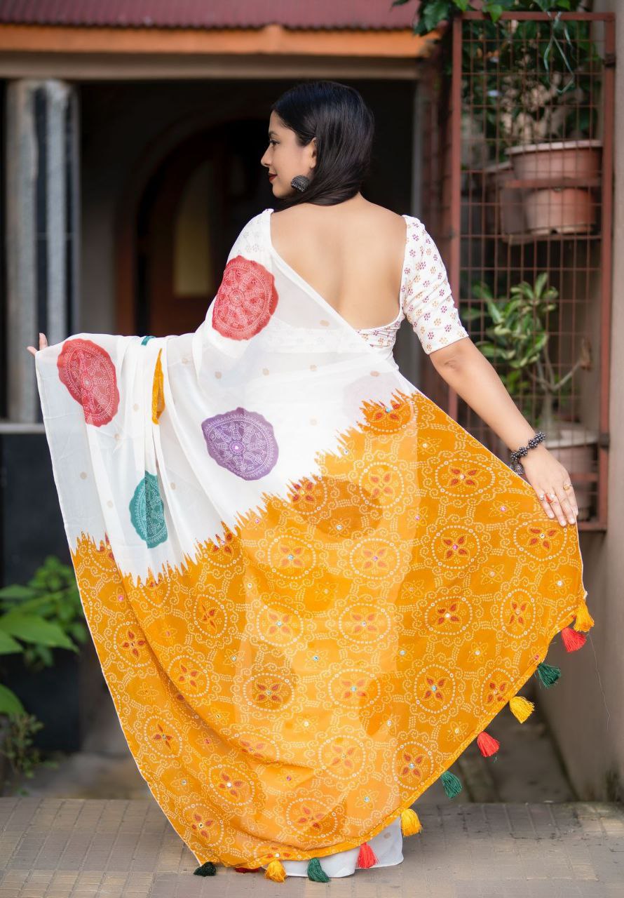 Women's Beautiful Aari Mirror Work Polka Bandhani Printed Georgette Saree With Blouse