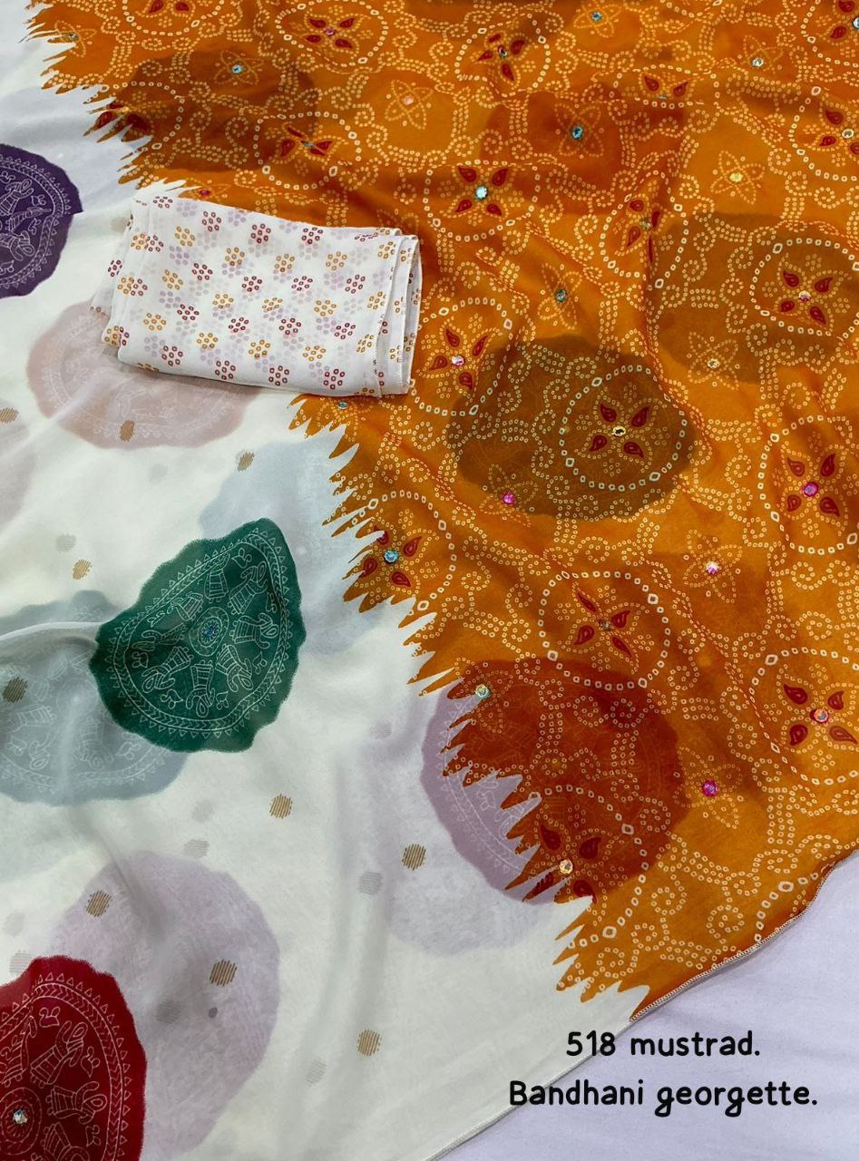 Women's Beautiful Aari Mirror Work Polka Bandhani Printed Georgette Saree With Blouse