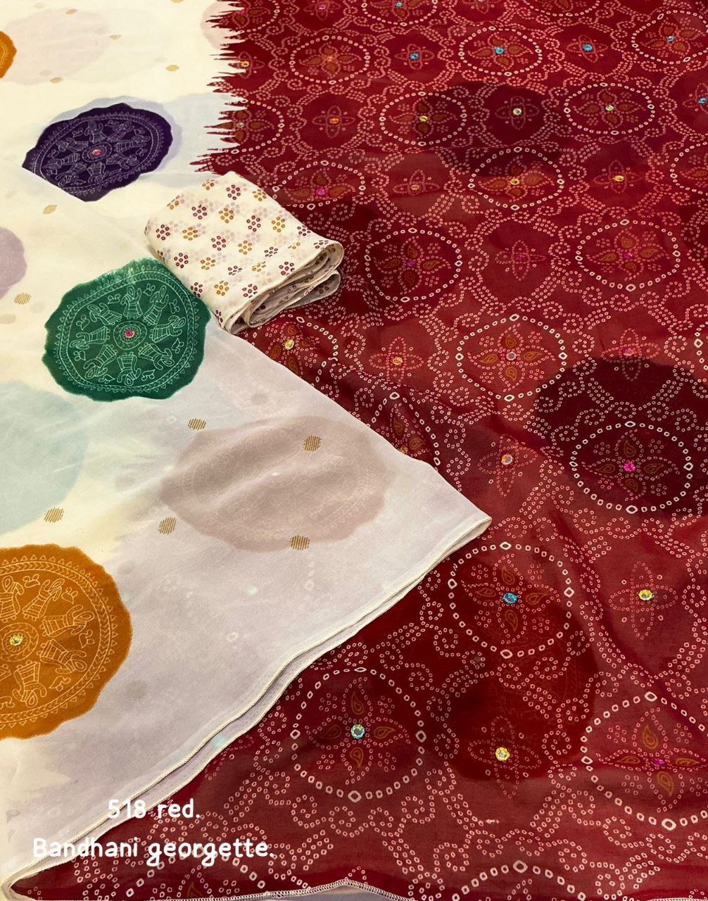 Women's Beautiful Aari Mirror Work Polka Bandhani Printed Georgette Saree With Blouse