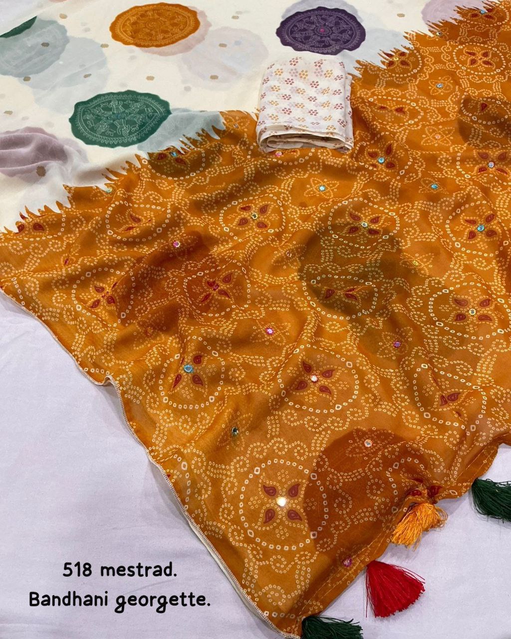 Women's Beautiful Aari Mirror Work Polka Bandhani Printed Georgette Saree With Blouse