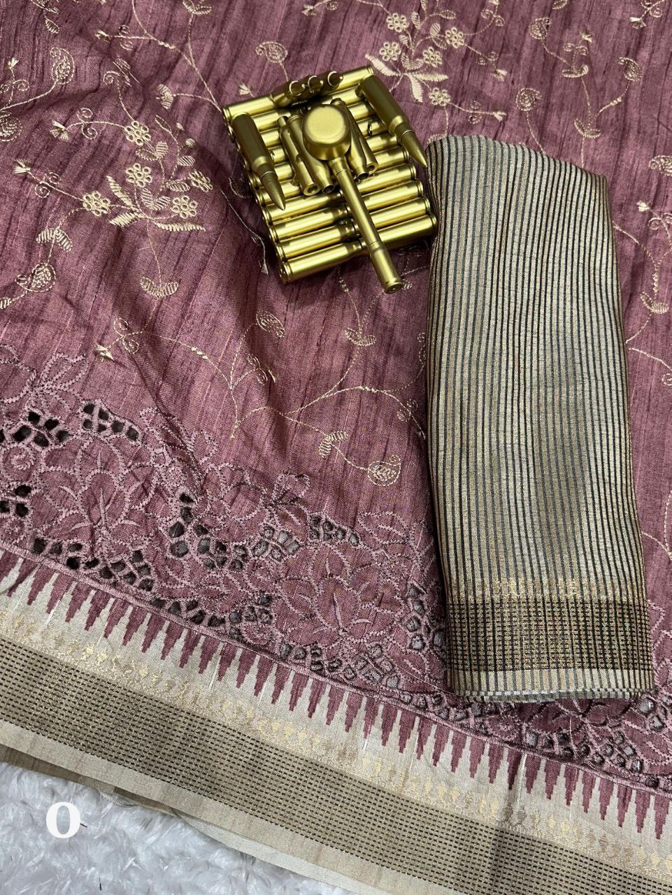 Thread Embroidery Work Zar Weaving Border Digital Printed Tussar Cotton Saree With Blouse