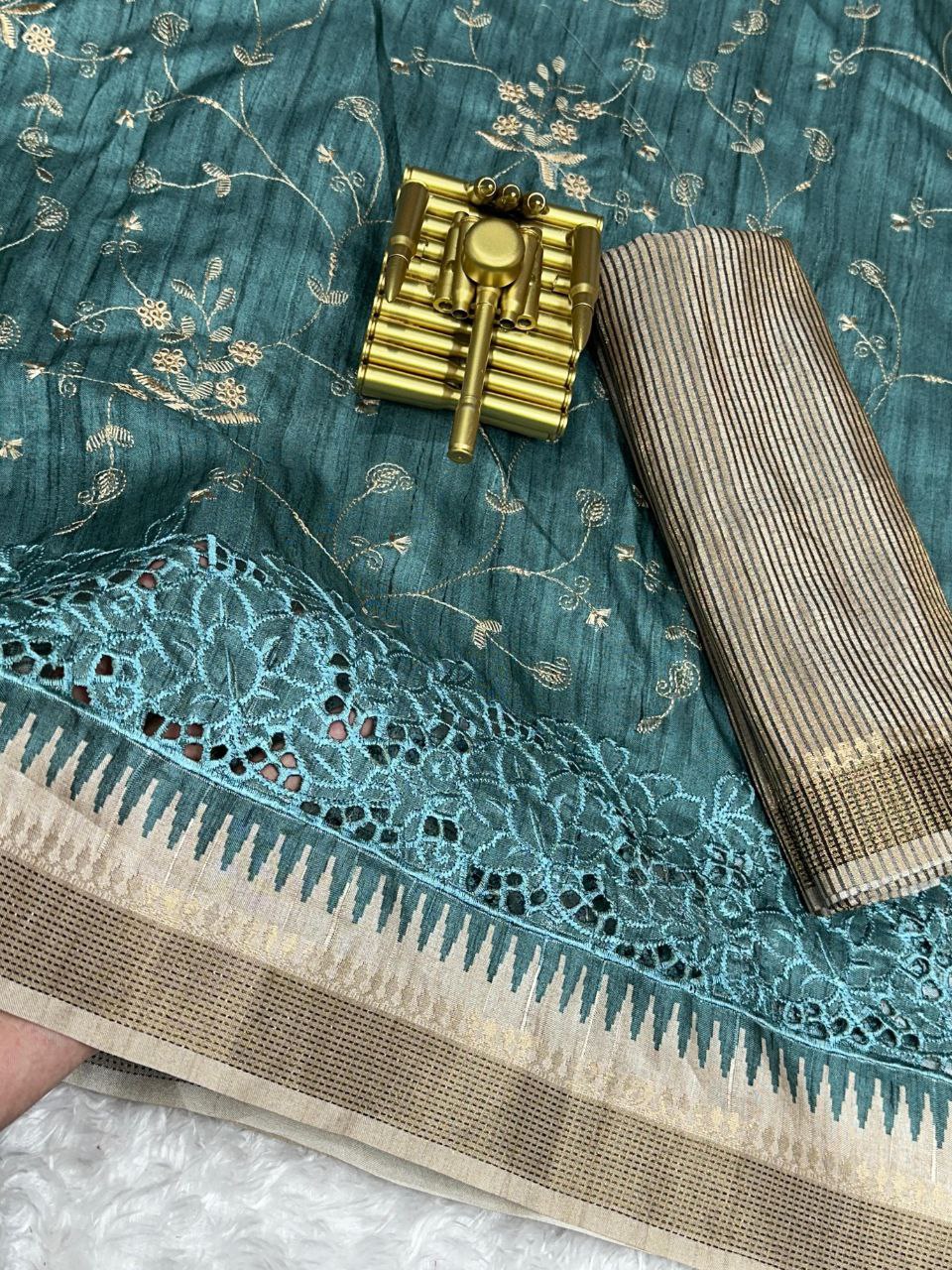 Thread Embroidery Work Zar Weaving Border Digital Printed Tussar Cotton Saree With Blouse