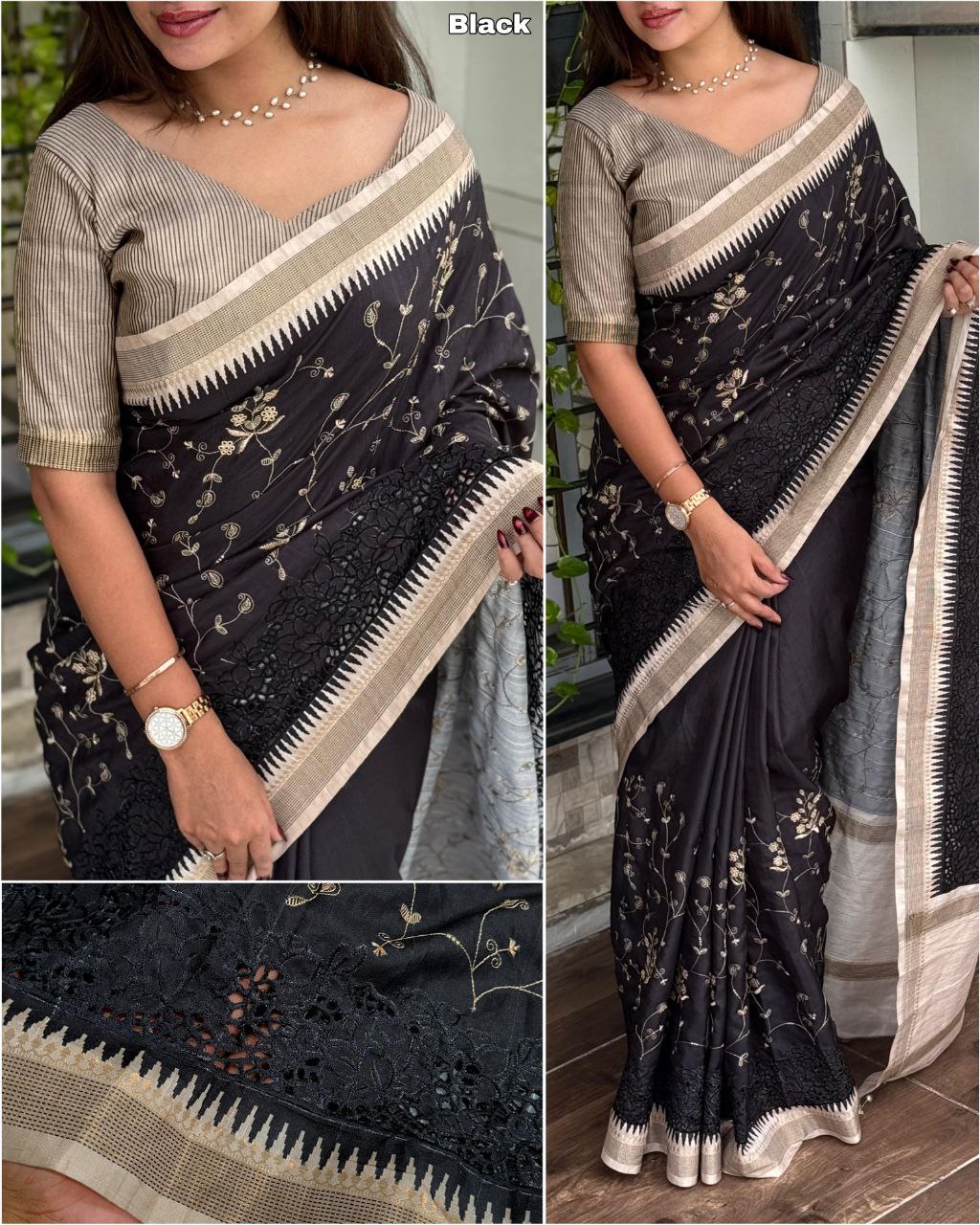 Thread Embroidery Work Zar Weaving Border Digital Printed Tussar Cotton Saree With Blouse