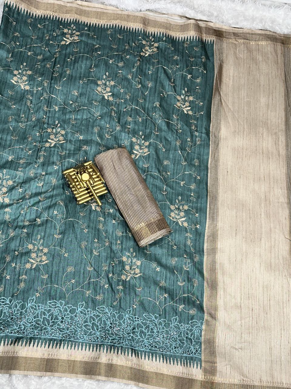 Thread Embroidery Work Zar Weaving Border Digital Printed Tussar Cotton Saree With Blouse