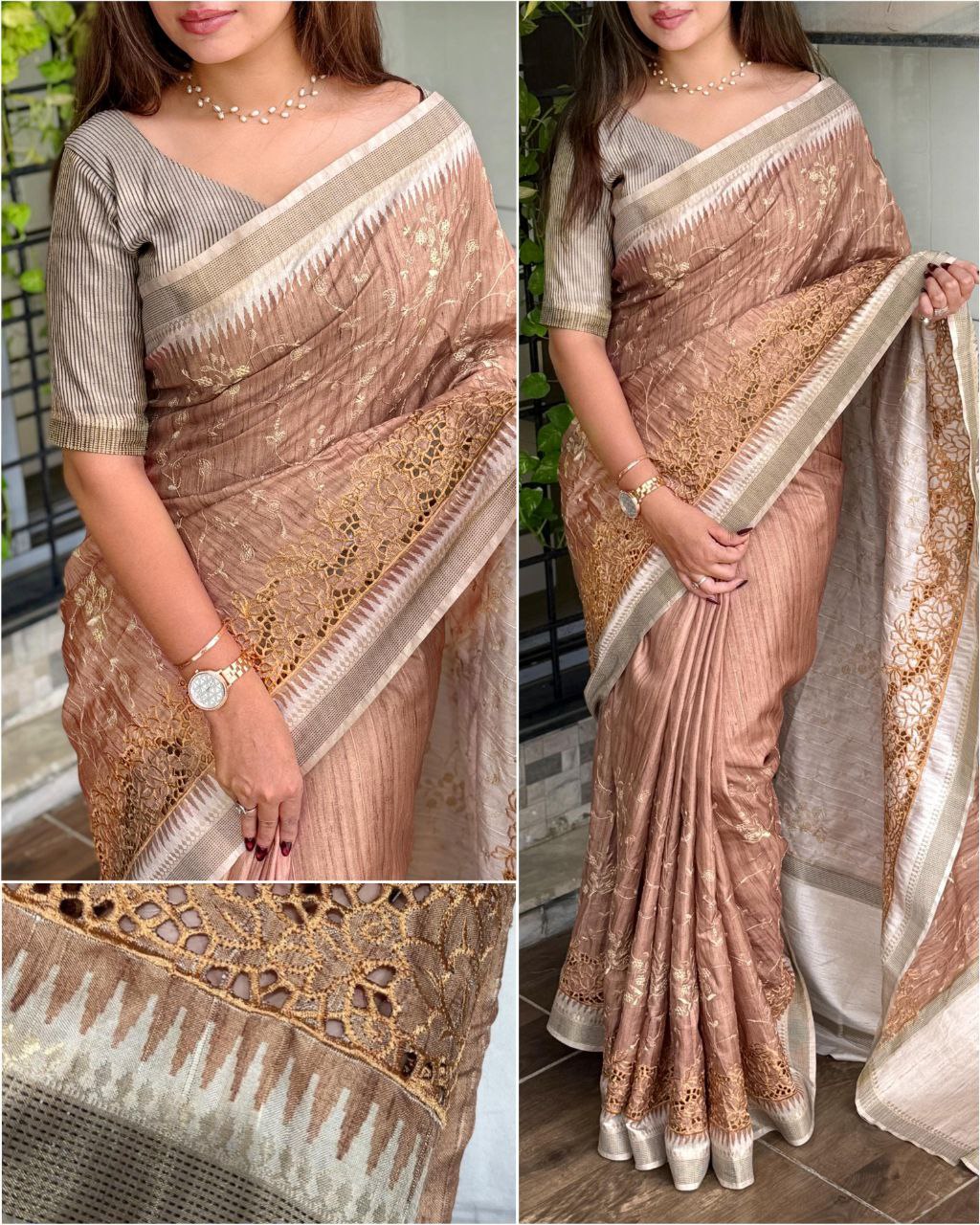 Thread Embroidery Work Zar Weaving Border Digital Printed Tussar Cotton Saree With Blouse