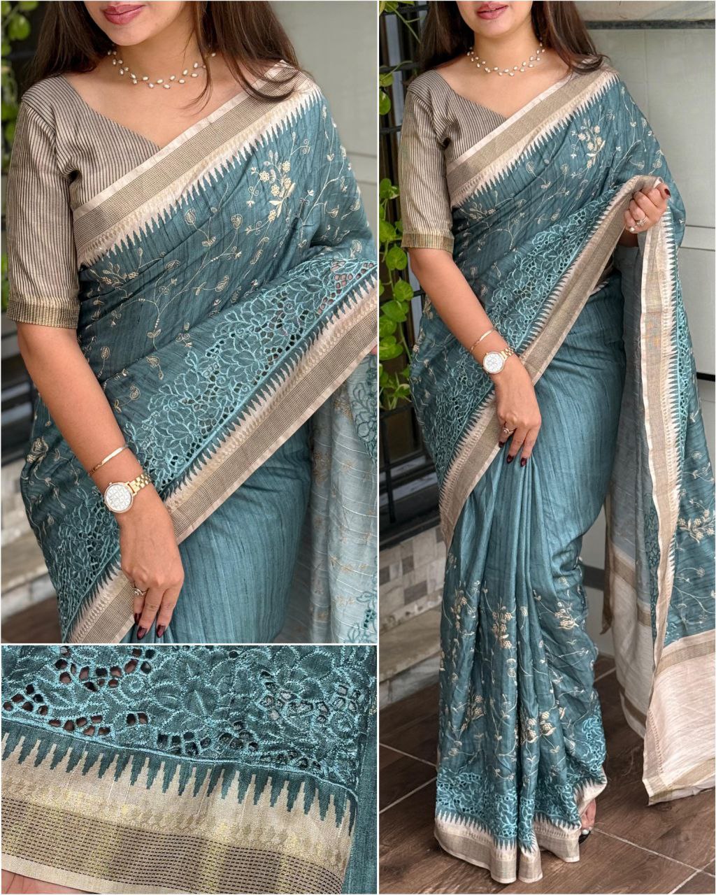 Thread Embroidery Work Zar Weaving Border Digital Printed Tussar Cotton Saree With Blouse